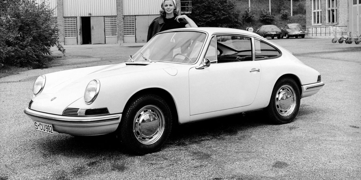 Black and white photo of a Porsche Prototype 901-1 from 1964