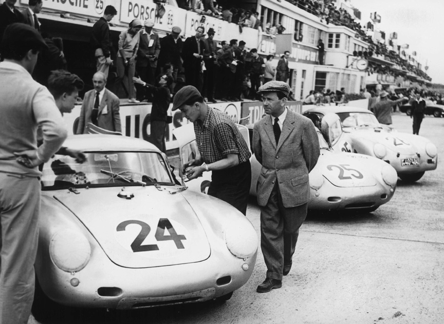 1956 Le Mans: Ferry Porsche among his cars before the start. (Image Credit: Porsche)