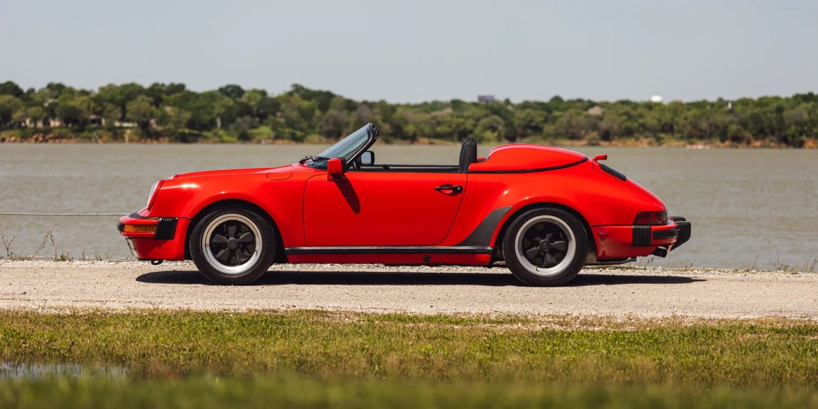 Side view of a 1989 red Porsche 911 Speedster