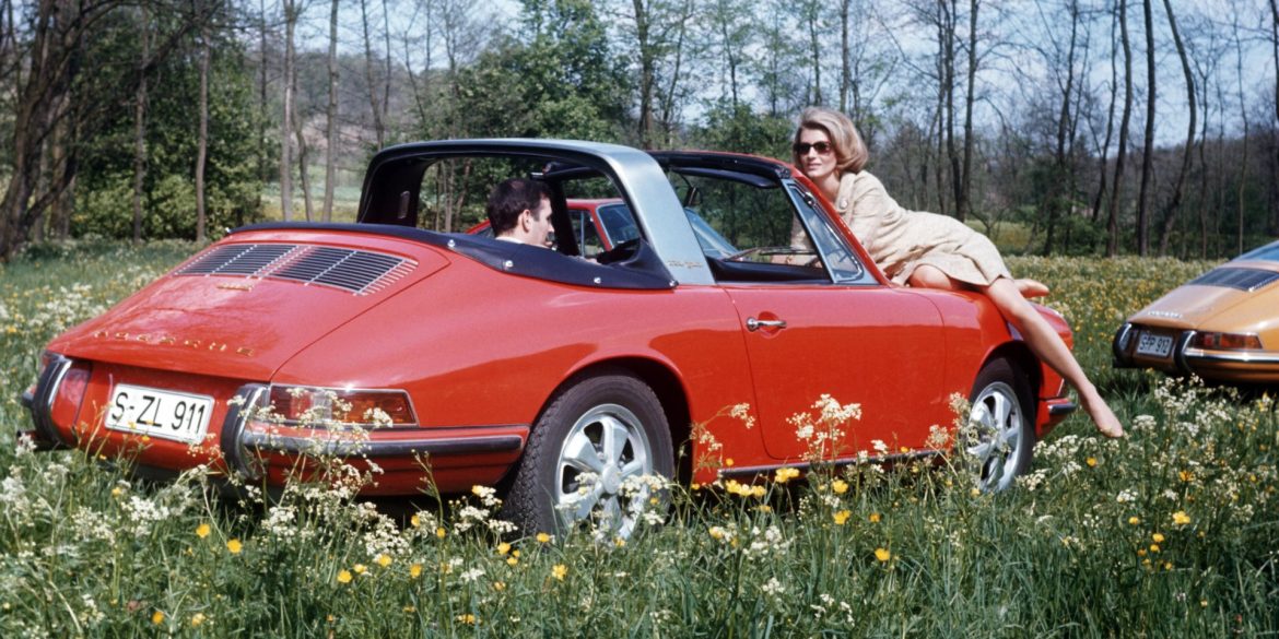 Three-quarter rear view of a first-generation red Porsche 911 Targa