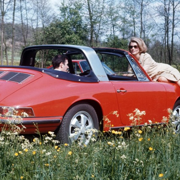 Three-quarter rear view of a first-generation red Porsche 911 Targa