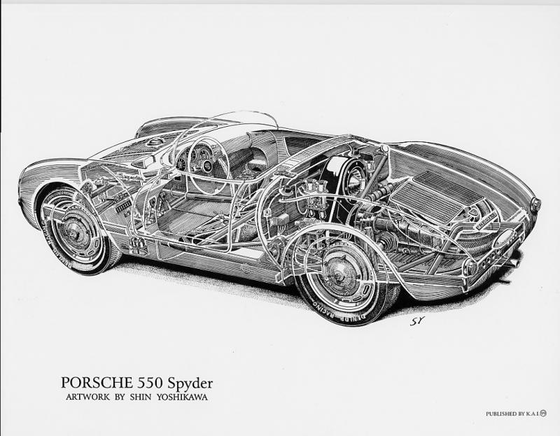 This detailed cutaway illustration of the Porsche 550 chassis — artwork by Shin Yoshikawa — makes clear how deliberate the car’s structure truly was. The original 550 utilized a lightweight ladder-type frame with welded steel tubing, keeping mass low while providing sufficient rigidity for competition. With the engine positioned ahead of the rear axle, weight distribution was optimized for balance rather than straight-line bias. The simplicity of the chassis was strategic: minimal structure, minimal weight, and maximum mechanical accessibility — a racing architecture designed around efficiency, not excess.