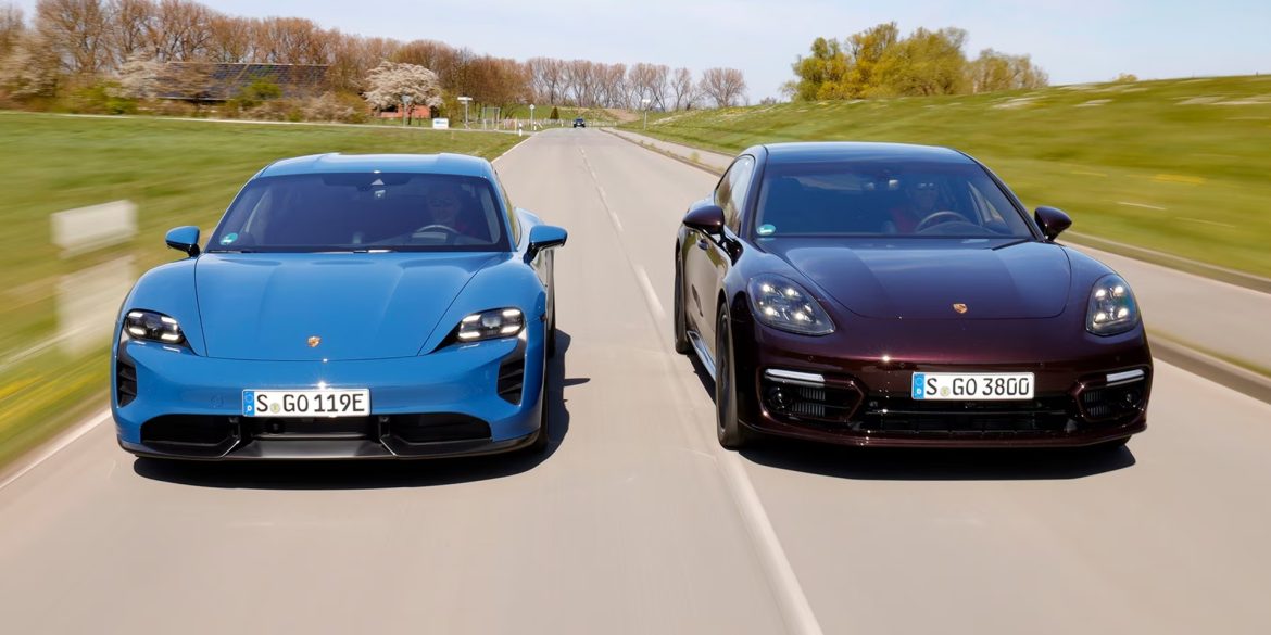Blue Porsche Taycan and Porsche Panamera side by side on a road