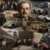 Photorealistic historical mural tracing Porsche’s 1931 engineering office through Auto Union, Volkswagen, wartime production, forced labor, postwar imprisonment, and the Cisitalia Type 360.