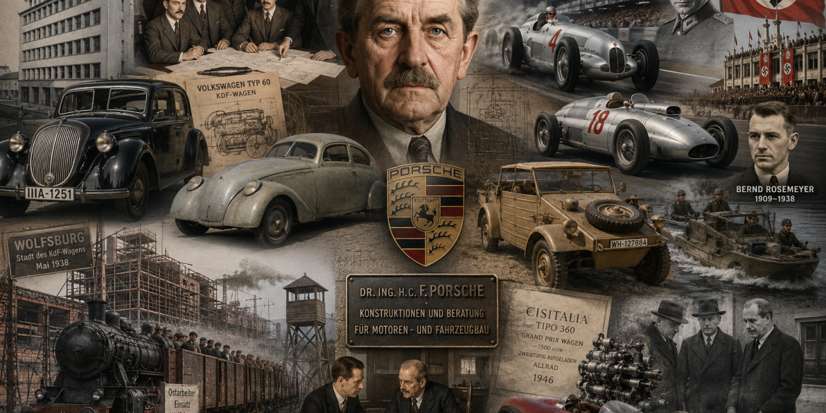 Photorealistic historical mural tracing Porsche’s 1931 engineering office through Auto Union, Volkswagen, wartime production, forced labor, postwar imprisonment, and the Cisitalia Type 360.