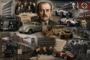 Photorealistic historical mural tracing Porsche’s 1931 engineering office through Auto Union, Volkswagen, wartime production, forced labor, postwar imprisonment, and the Cisitalia Type 360.