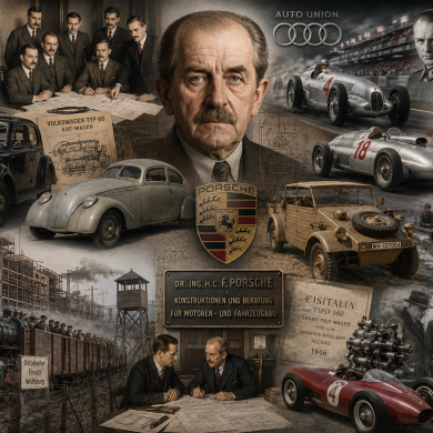 Photorealistic historical mural tracing Porsche’s 1931 engineering office through Auto Union, Volkswagen, wartime production, forced labor, postwar imprisonment, and the Cisitalia Type 360.