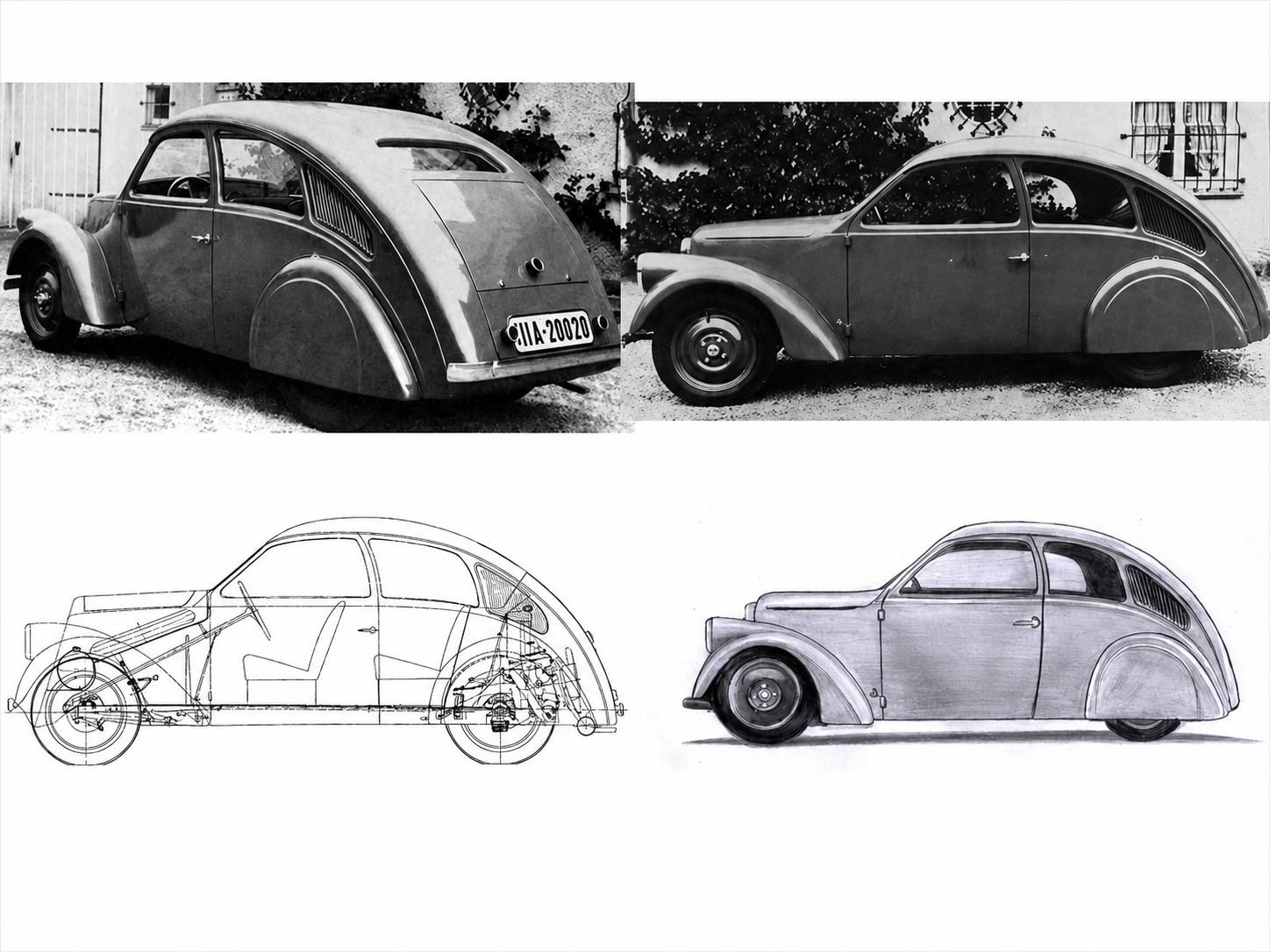 These images show Ferdinand Porsche’s effort to create a compact automobile around efficiency rather than simply shrinking a conventional larger car. With the Type 12, he pursued a rear-engine layout, streamlined bodywork, reduced mechanical complexity, and improved use of interior space—all aimed at producing an affordable family car that could still deliver useful performance and stability beyond crowded city streets.