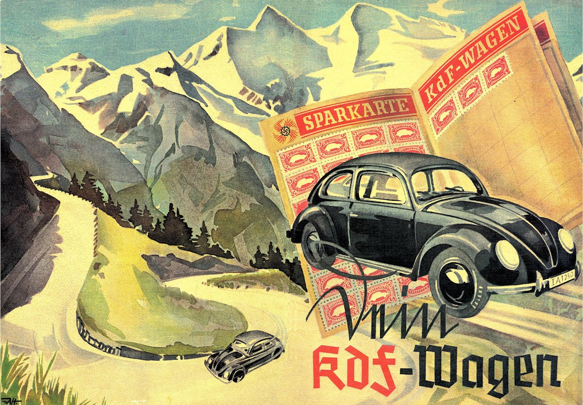 This 1938 promotional brochure presented the KdF-Wagen as a gateway to mobility, leisure, and personal progress for ordinary German workers. Through the associated savings program, participants were encouraged to make regular weekly payments toward the advertised 990-Reichsmark purchase price, gradually filling a savings book with official stamps. The alpine scenery connected automobile ownership with family travel, recreation, and access to the open road, while the payment plan made the car appear attainable to households that could not afford it outright. Together, the brochure and savings scheme transformed the KdF-Wagen into a carefully packaged promise of modern consumer life.