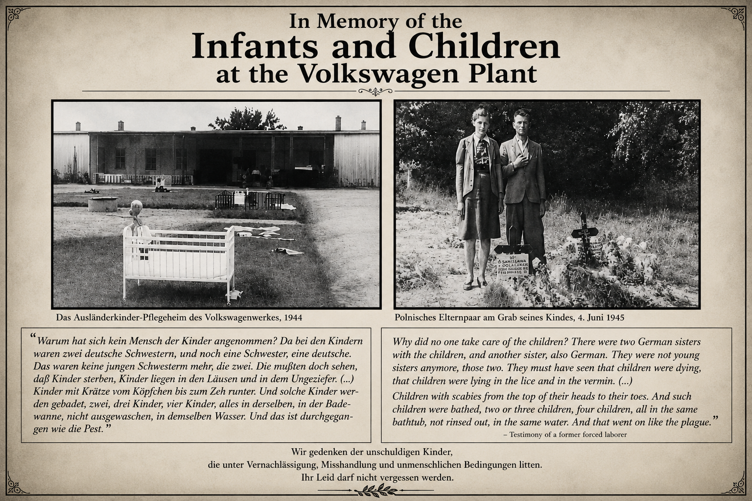 The wartime Volkswagen plant was not merely a factory caught in history’s current; it became an active part of the Nazi war economy, sustained in large measure by forced labor. From the summer of 1940 onward, the company increasingly relied on coerced workers, and by 1944 an estimated 20,000 forced laborers, prisoners of war, and concentration-camp inmates had been assigned to its operations, making up roughly two-thirds of the workforce. These men, women, and children lived without rights and endured racial discrimination, inadequate food, exploitation, and physical violence—conditions that damaged their health and, in many cases, cost them their lives. Any honest telling of Porsche and Volkswagen history must confront that reality, because the vehicles, machinery, and wartime output of the plant were inseparable from the suffering of the people compelled to produce them. This is a historical judgment, not a statement about the Volkswagen of today, which has publicly acknowledged and documented this past. But time does not lessen the obligation to remember, because these victims were not statistics in an industrial record—they were human beings whose suffering deserves to be seen, understood, and never forgotten.