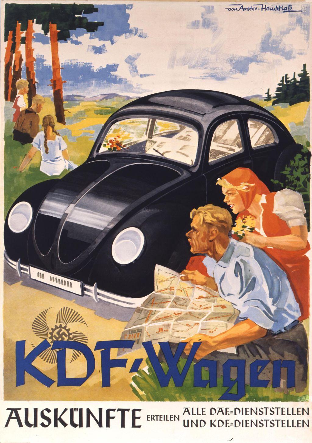 This 1938 KdF-Wagen propaganda poster shows how the automobile was marketed as far more than a practical means of transportation. Through the Kraft durch Freude program, the regime connected the car with leisure, family travel, social advancement, and participation in a modern consumer future supposedly available to ordinary German workers. The imagery helped transform the Volkswagen from an engineering project into a political promise, one intended to demonstrate that loyalty to the state would be rewarded with mobility and prosperity. In reality, the poster promoted an idealized vision that the regime would never deliver to most of the people who paid into the program.