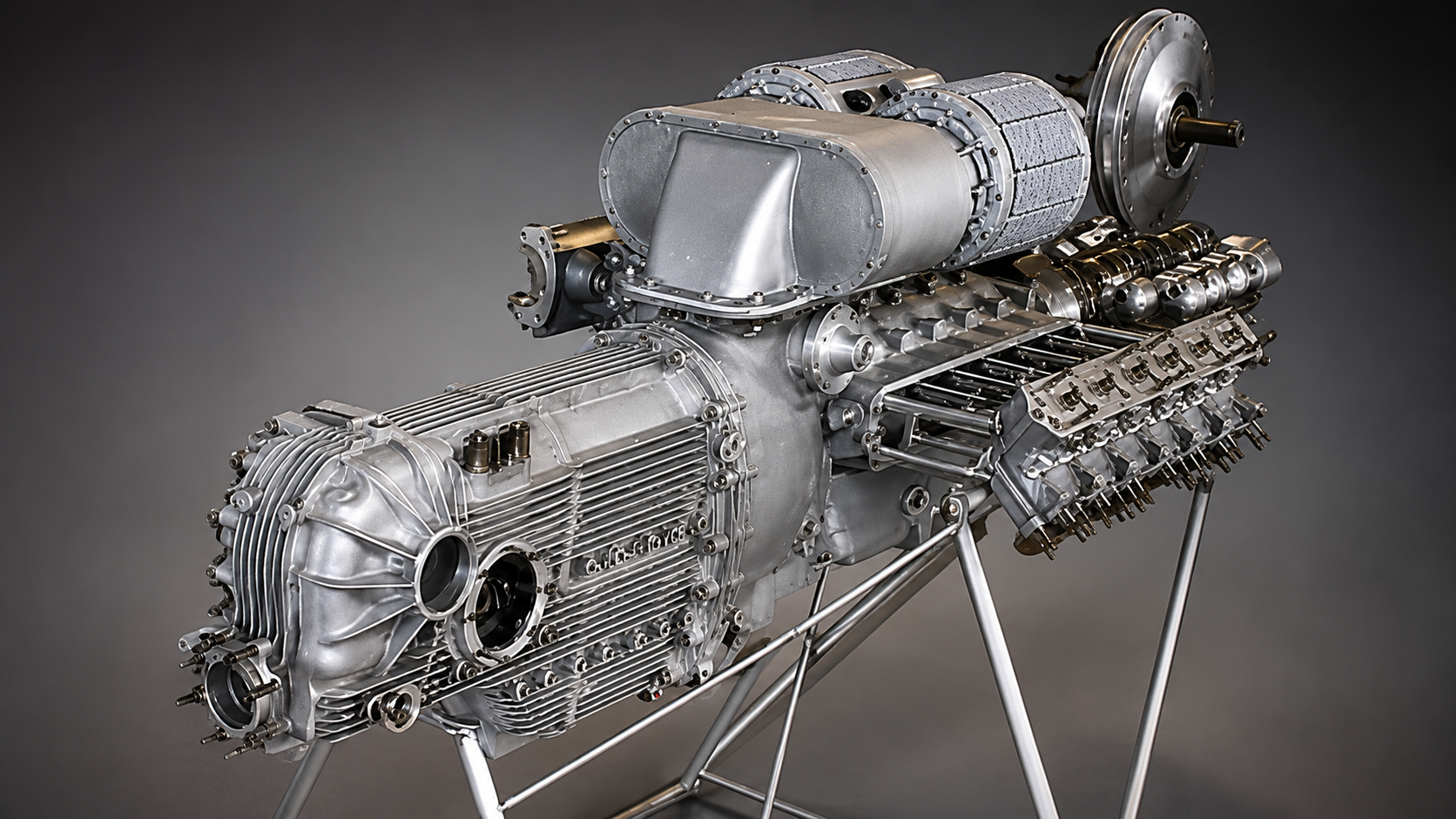 The Cisitalia Type 360 engine was one of Porsche’s most ambitious postwar powerplants: a 1.5-liter, water-cooled, horizontally opposed twelve-cylinder designed for the supercharged Grand Prix formula. Its flat configuration kept the center of gravity low, while four overhead camshafts and two-stage supercharging allowed Porsche to chase extraordinary output from very small displacement. Period Porsche figures cite roughly 385 horsepower at more than 10,000 rpm, an astonishing target for the late 1940s. The engine embodied both the brilliance and the excess of the Type 360 program—compact, advanced, and technically daring, but enormously expensive and complex for a struggling postwar company to develop.