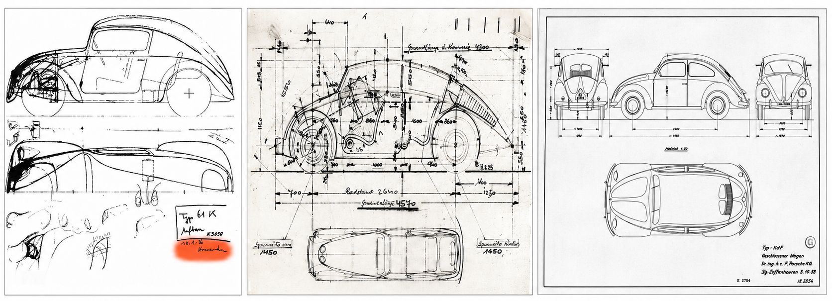 These three drawings trace the Volkswagen project from early aerodynamic studies to the increasingly standardized automobile developed under Porsche’s internal designation Type 60. The first sketches explore the rounded roofline, enclosed fenders, and streamlined body form that would become central to the car’s identity, while the intermediate engineering drawing shows how those shapes were integrated with the chassis, torsion-bar suspension, passenger compartment, and rear-mounted powertrain. By the final 1938 KdF-Wagen blueprint, the familiar Beetle silhouette had been formalized in front, side, rear, and plan views, reflecting the transition from experimental prototypes such as the V-series and W30 test cars toward a design suitable for mass production. Together, the drawings show that the Volkswagen was not the product of a single breakthrough, but of years of systematic refinement by Ferdinand Porsche’s engineering team in response to demanding technical, political, and manufacturing requirements.