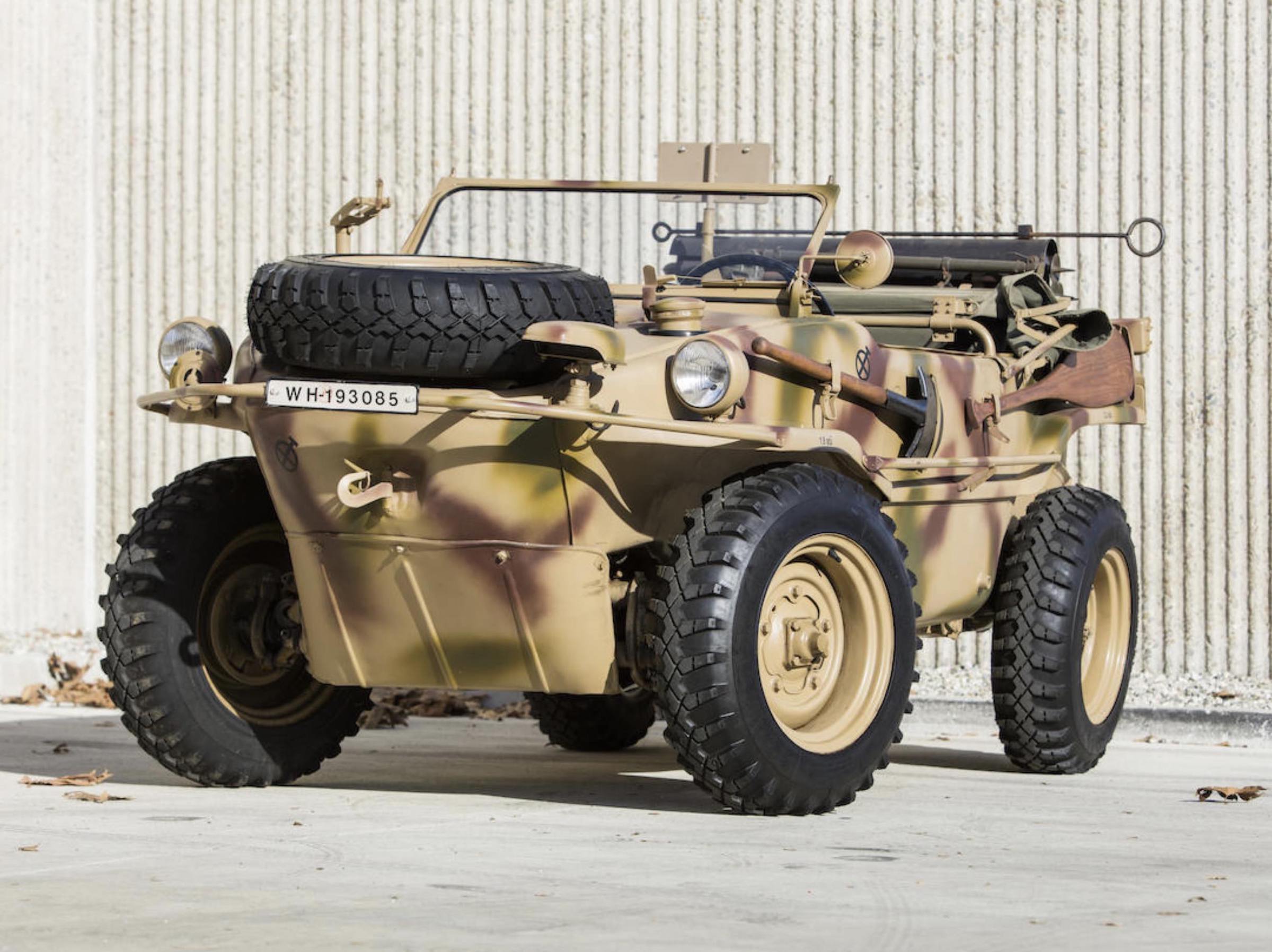 The Type 166 Schwimmwagen expanded the Volkswagen military platform into a compact amphibious vehicle capable of traveling both across difficult terrain and through water. Its watertight, boat-shaped body incorporated four-wheel drive for improved off-road mobility, while a hinged propeller at the rear could be lowered and connected directly to the engine for water propulsion. Once afloat, the driver steered with the front wheels, which acted as rudders through normal steering input. The Schwimmwagen demonstrated just how far Porsche’s original small-car architecture could be adapted, transforming a civilian transportation concept into one of the war’s most distinctive military vehicles.